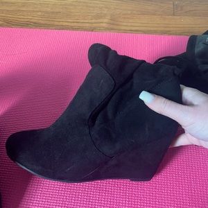 Black wedged over knee high suede boots